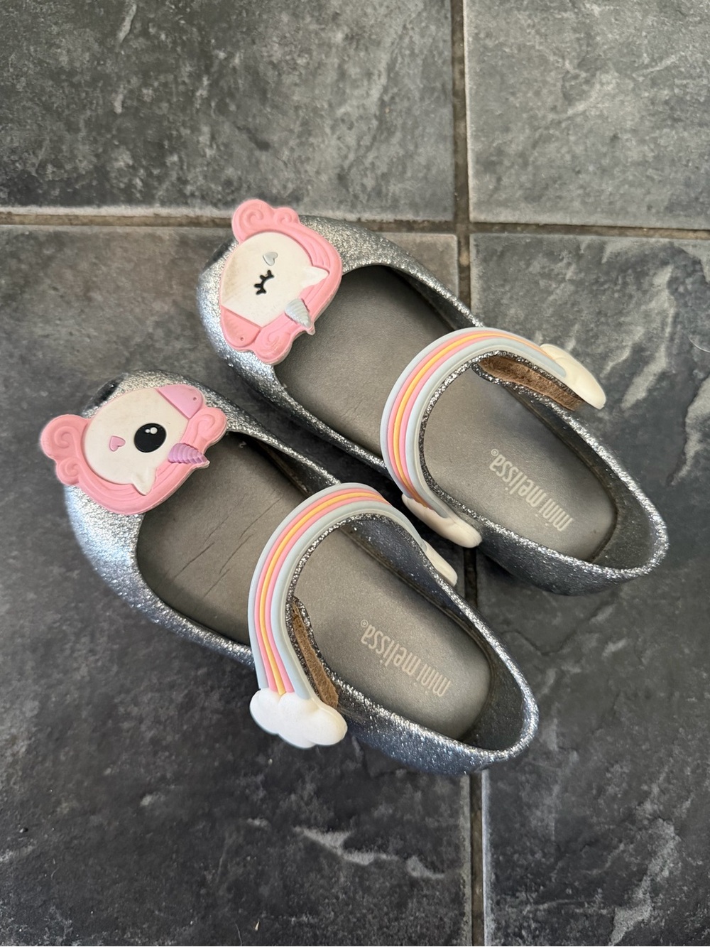 Mini Melissa Silver Glitter Mary Janes with Pink Unicorn & Rainbow Strap